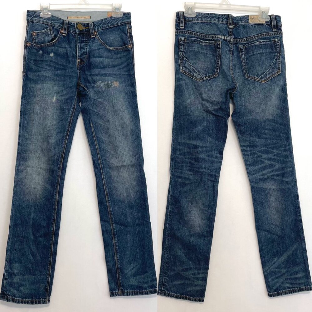 COHESIVE CO Mens Dark Wash Distressed Embroidered Button Fly Ripped Jeans 29x33